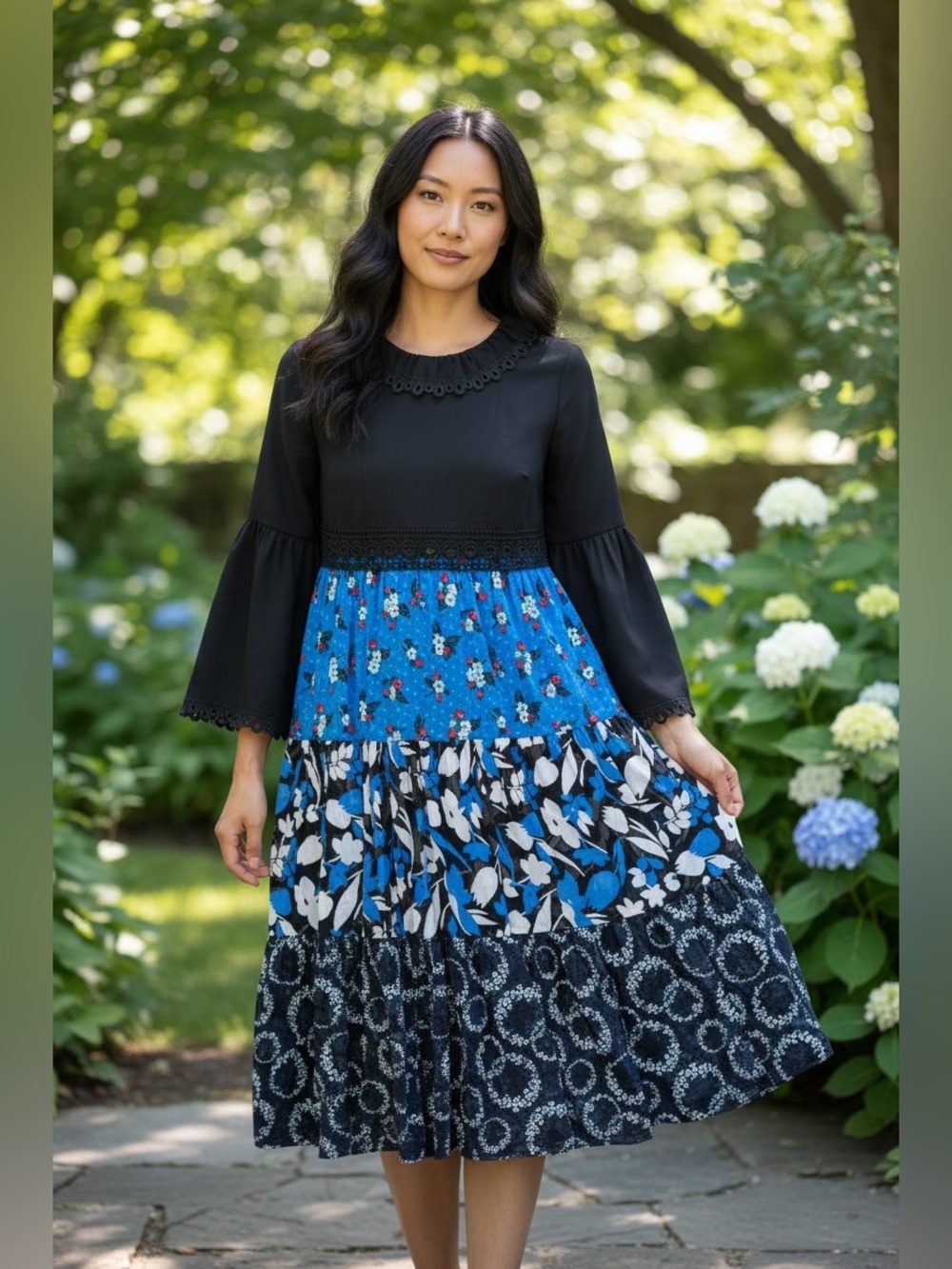 Anna Sui Black and Bright Blue Mixed-Print Midi Dress